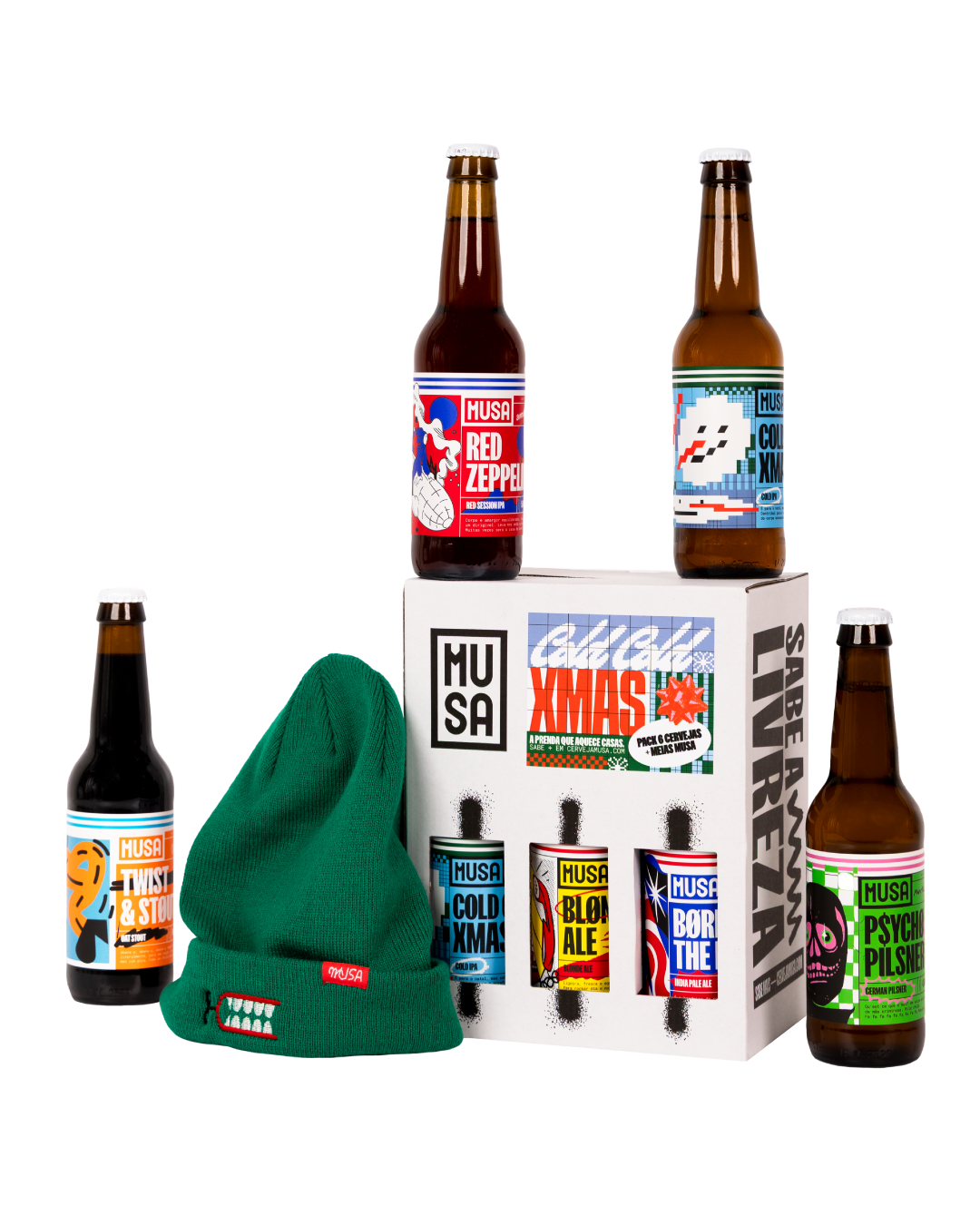 Pack Natal com seis cervejas artesanais MUSA - Frank APA, Red Zeppelin, Cold Cold Xmas, Psycho Pilsner, Born in the IPA, Blondie, e gorro, ótima prenda de inverno para homens e mulheres