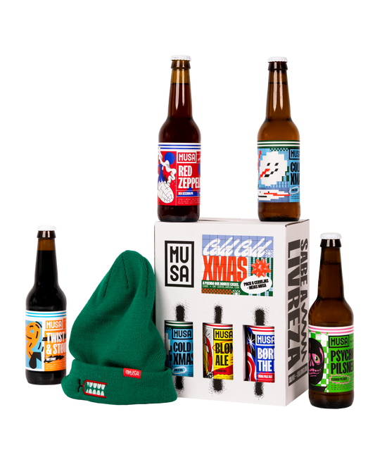Pack Natal com seis cervejas artesanais MUSA - Frank APA, Red Zeppelin, Cold Cold Xmas, Psycho Pilsner, Born in the IPA, Blondie, e gorro, ótima prenda de inverno para homens e mulheres