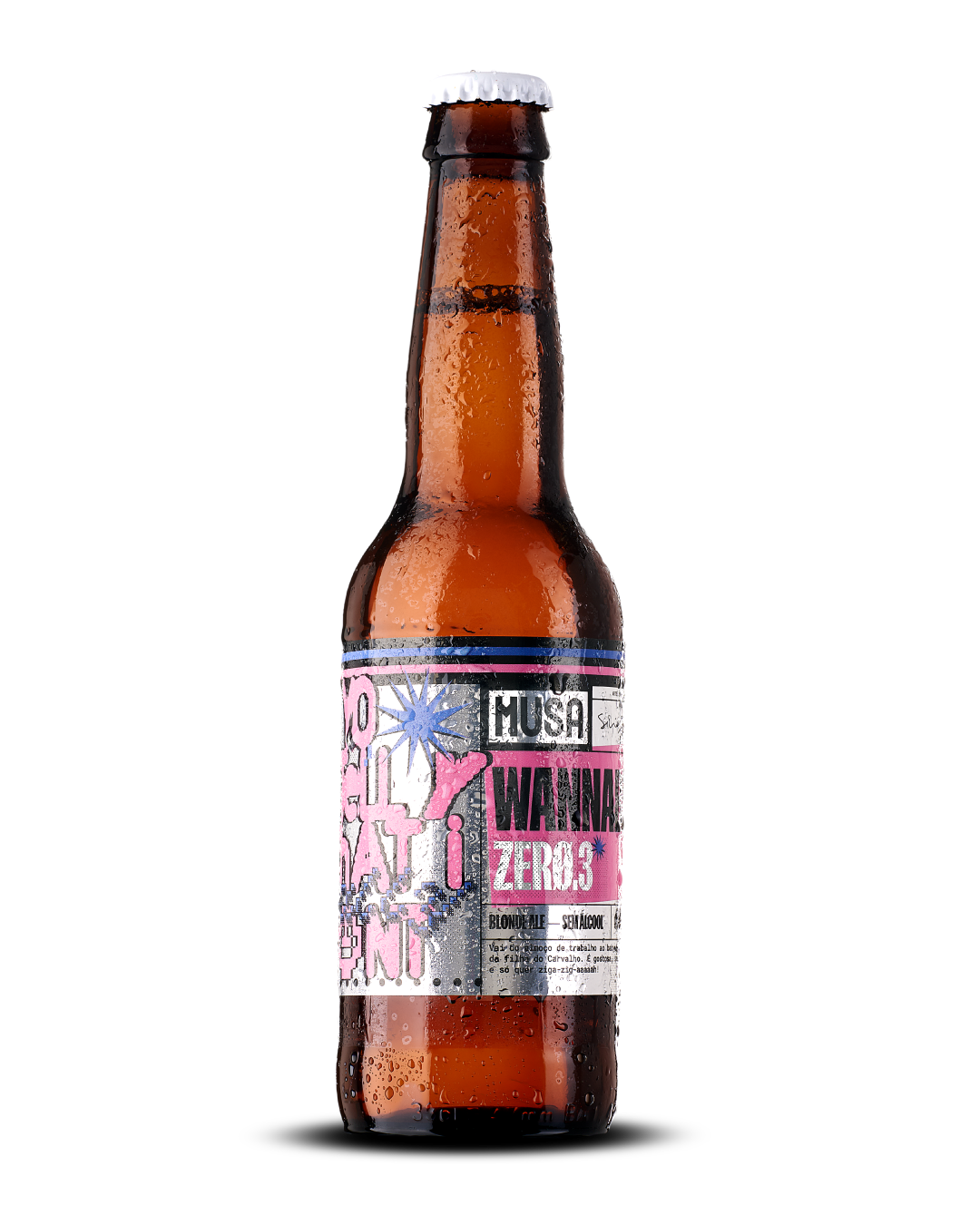 Wannabe Zero Boring non-alcoholic beer bottle with a vibrant 90s design inspired by the pop universe of the Spice Girls, Portuguese non-alcoholic craft beer.
