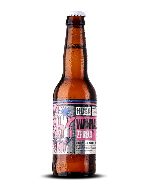 Garrafa de cerveja sem álcool Wannabe Zero Boring com design vibrante anos 90 inspirado no universo pop das Spice Girls, craft beer zero álcool portuguesa.