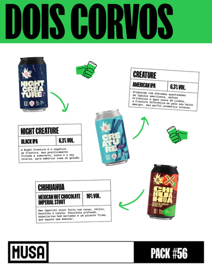 Foto do pack Ale My Friends da Cerveja Musa, com as 12 garrafas do mês alinhadas: Dois Corvos (Night Creature, Creature e Chihuahua)