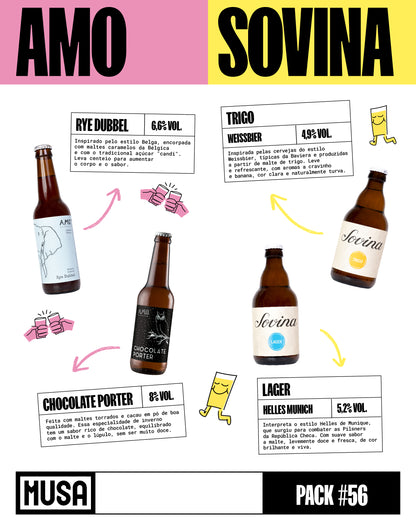 Foto do pack Ale My Friends da Cerveja Musa, com as 12 garrafas do mês alinhadas: Amo (Chocolate Porter e Rye Dubbel), Sovina (Lager Helles e Trigo Weissbier)