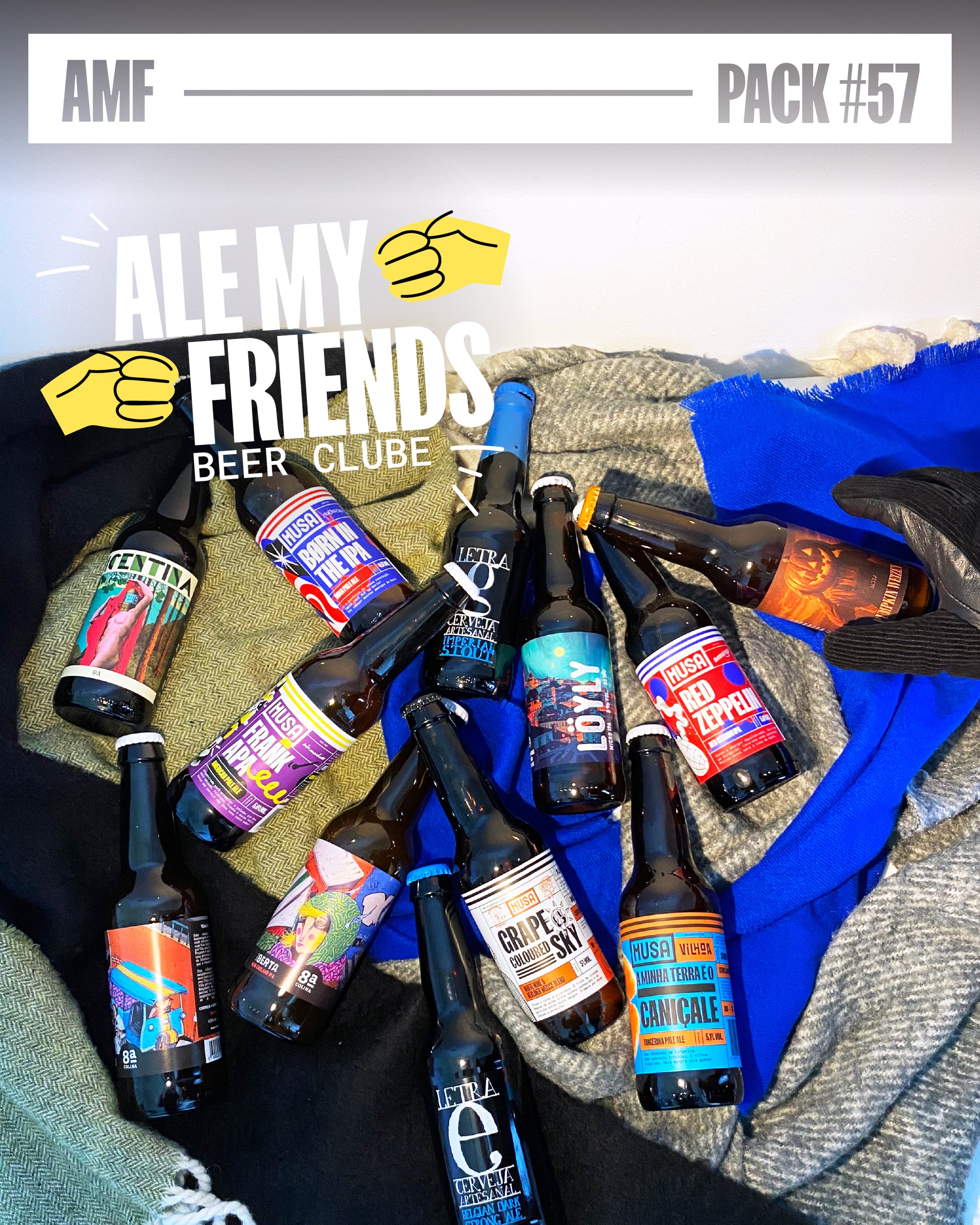 Pack Ale My Friends Beer Clube da Cerveja Musa com seleção de cervejas artesanais portuguesas, garrafas variadas dispostas sobre mantas coloridas