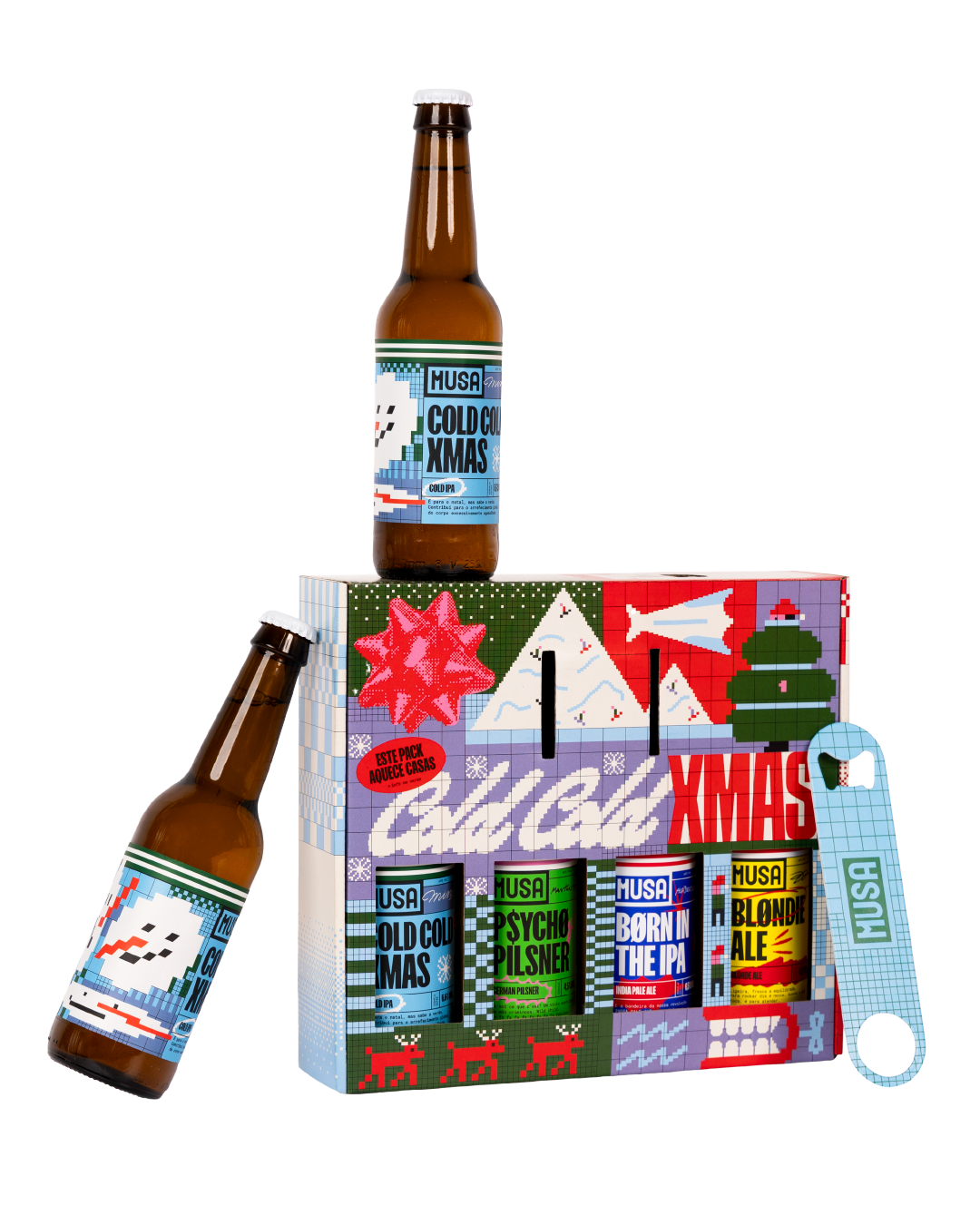 Pack Cold Cold Xmas MUSA + Just a Change com 4 cervejas artesanais MUSA - Cold Cold Xmas, Psycho Pilsner, Born in the IPA, Blondie, prenda de Natal original para quem gosta de cerveja artesanal
